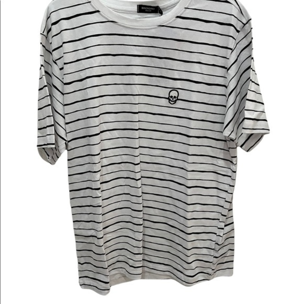 Bolongaro Trevor Mens White Black Striped Skull‎ Embroidered T-Shirt Crew Neck